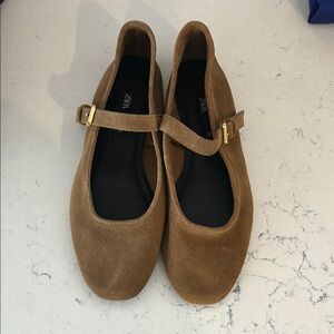 Zara Brown Suede Mary Jane Flats
